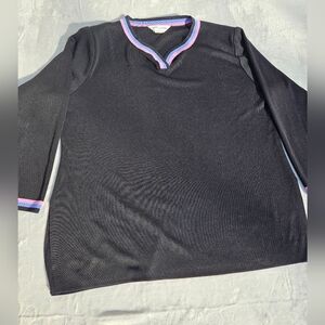 Misook Vneck Blue Pink Trim Padded Shoulder Side Slit Pullover Tunic Womens 1X